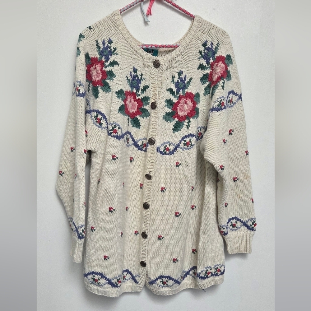 Vintage Tat Floral Hand Knitted Open Cardigan Coastal Sweater Sz L Ramie Blend - Picture 6 of 10